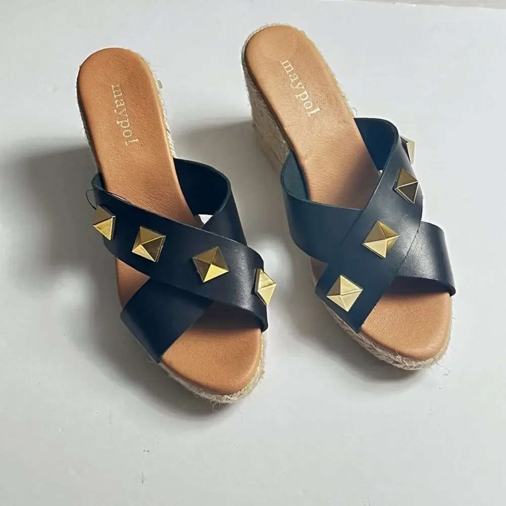 Maypol Women's Genuine Leather Upper Black Gold Studded Heeled Wedge Sz 39